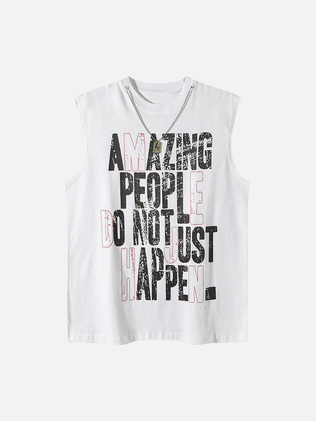 White graphic lettering chain vest by TALISHKO, front view, perfect for casual summer wear.