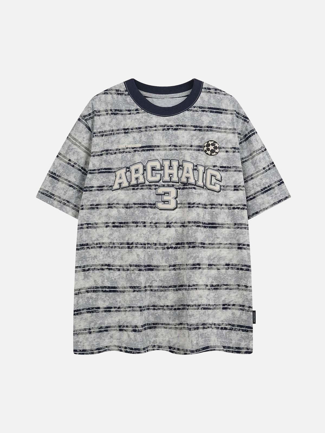 Front view of blue striped oversized T-shirt by TALISHKO featuring graphic lettering and casual style.