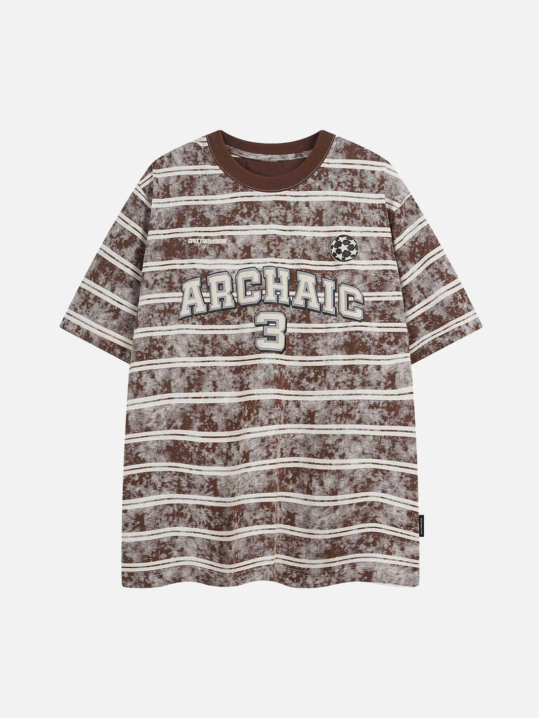 Front view of coffee striped oversized T-shirt by TALISHKO with graphic lettering design.