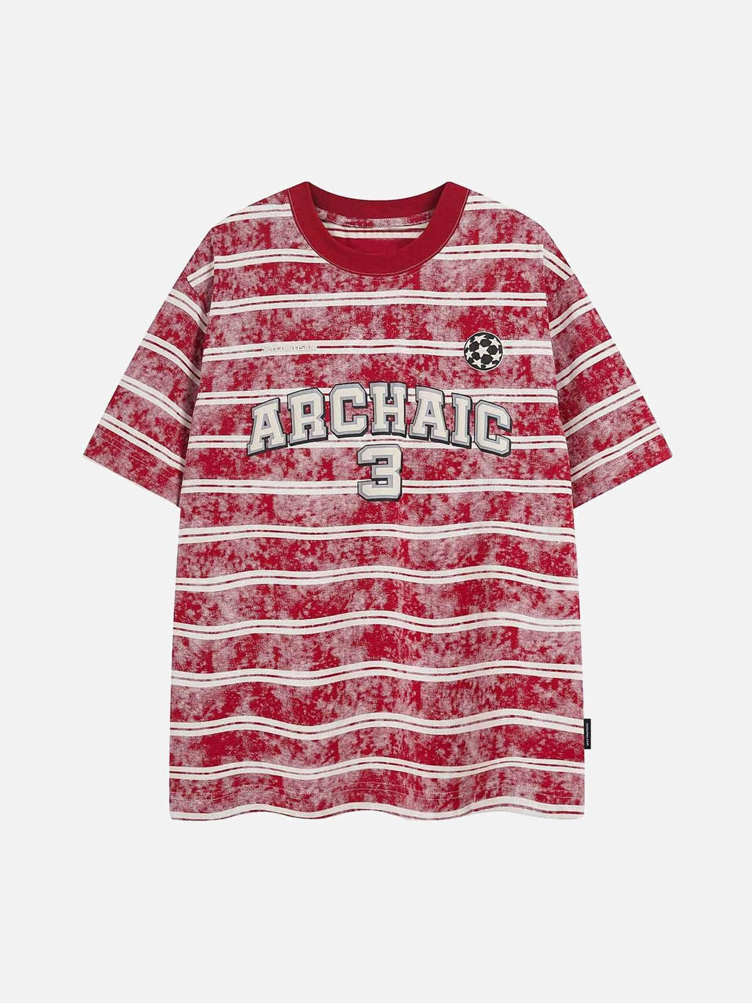 Front view of red striped oversized T-shirt by TALISHKO with graphic lettering detail.