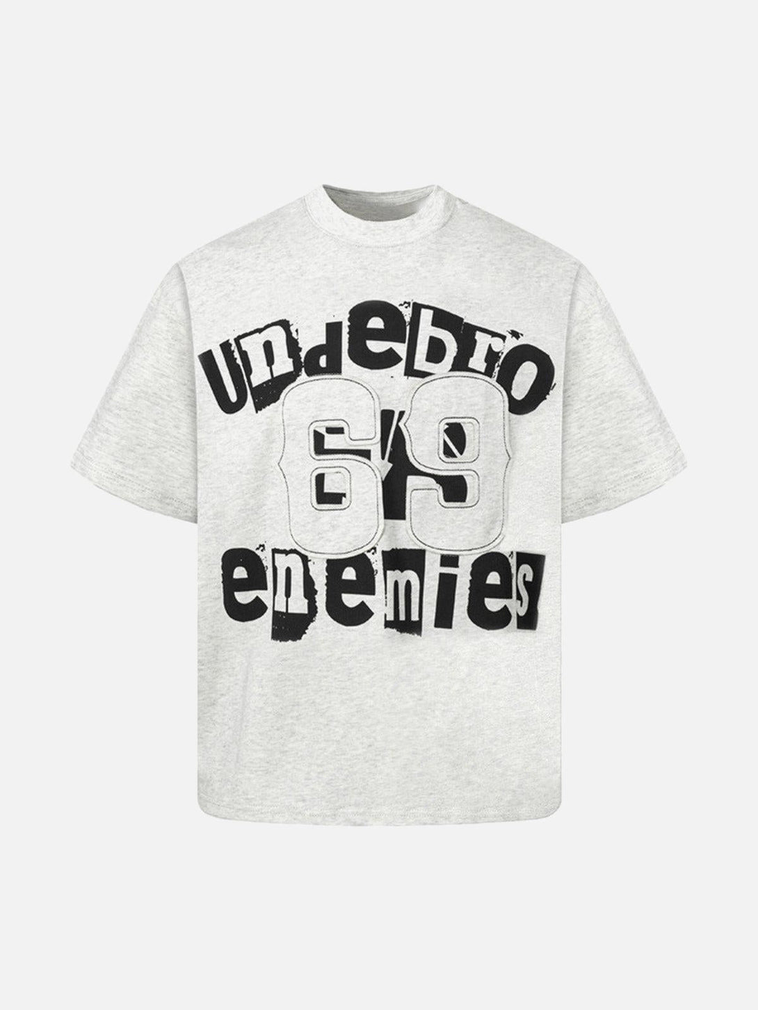 Light gray graphic T-shirt by TALISHKO featuring bold black lettering, shown from the front.