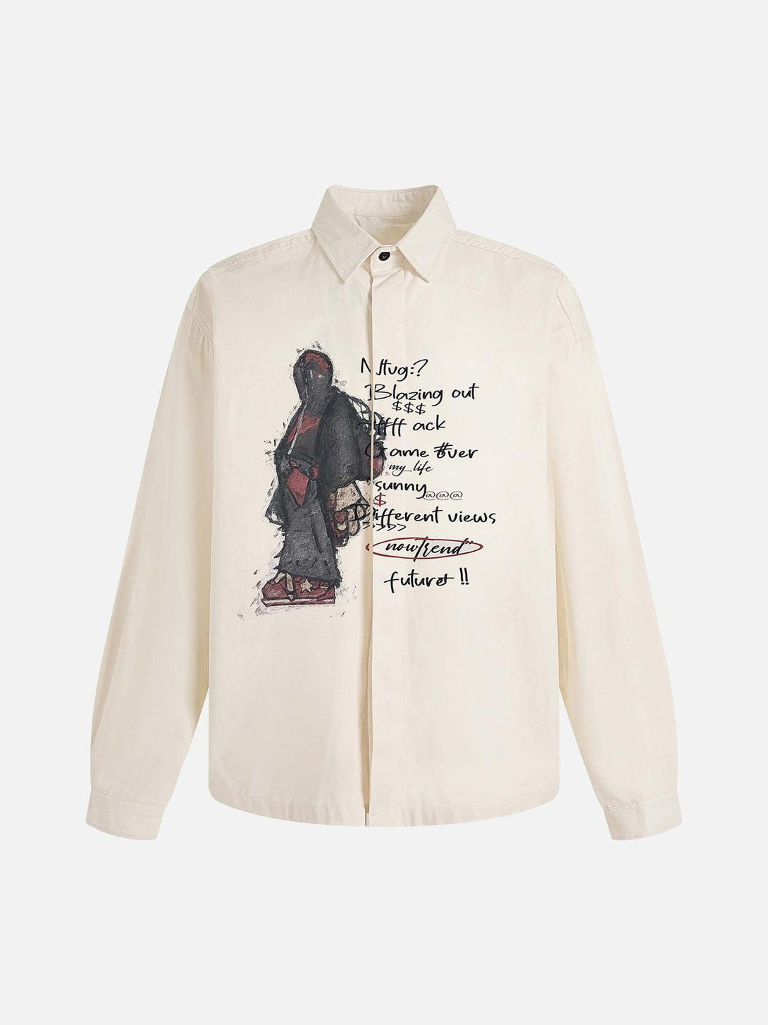 Front view of an apricot graphic print long-sleeve shirt by TALISHKO, featuring urban art.