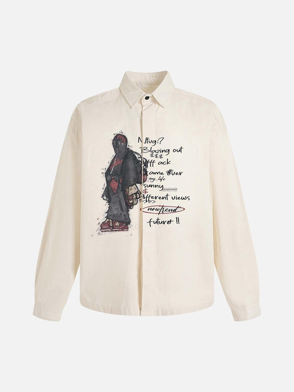 Front view of an apricot graphic print long-sleeve shirt by TALISHKO, featuring urban art.