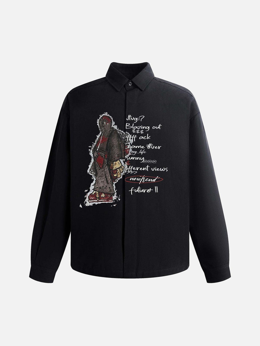 Front view of a black graphic print long-sleeve shirt by TALISHKO, featuring urban-inspired design.