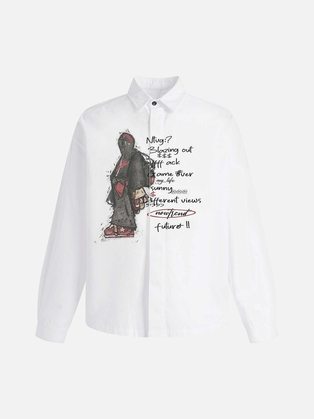Front view of a white graphic long-sleeve shirt by TALISHKO, featuring artistic urban imagery.