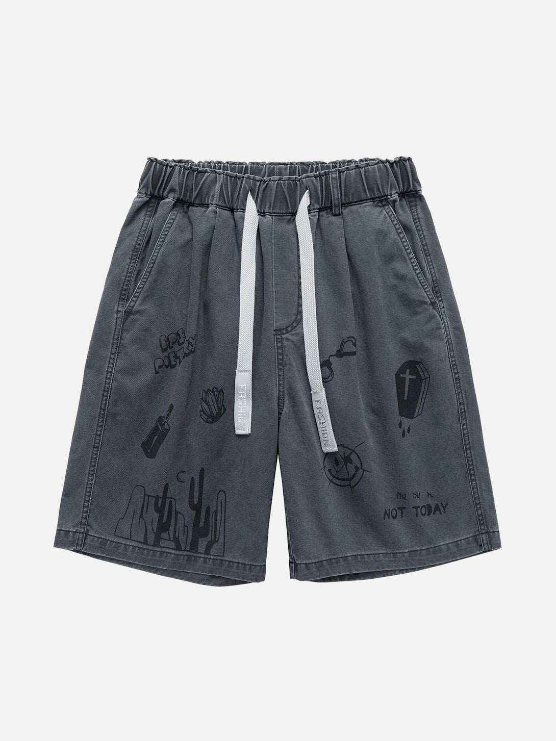 Front view of dark gray graphic print drawstring shorts by TALISHKO, featuring unique designs.