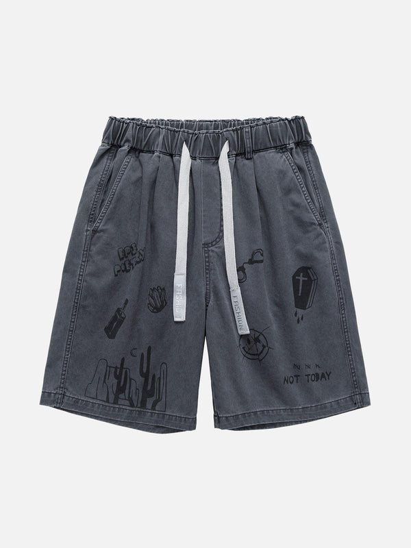 Front view of dark gray graphic print drawstring shorts by TALISHKO, featuring unique designs.