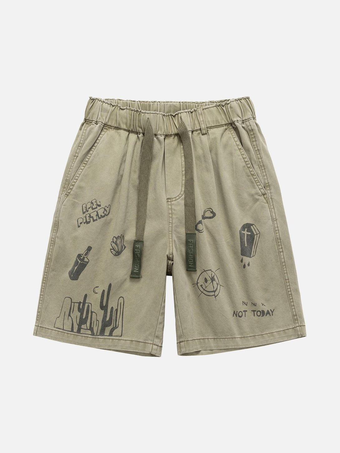 Front view of khaki graphic print drawstring shorts by TALISHKO, featuring playful illustrations.