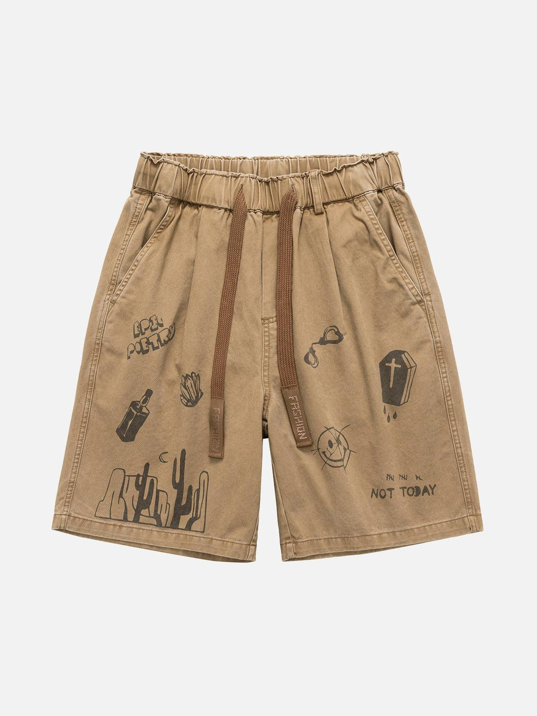 Front view of yellow graphic print drawstring shorts by TALISHKO, featuring artistic designs.