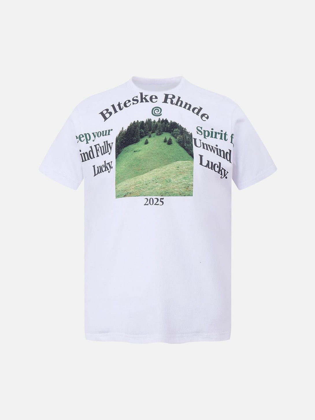 Front view of a white graphic scenic print T-shirt by TALISHKO, ideal for casual summer days.
