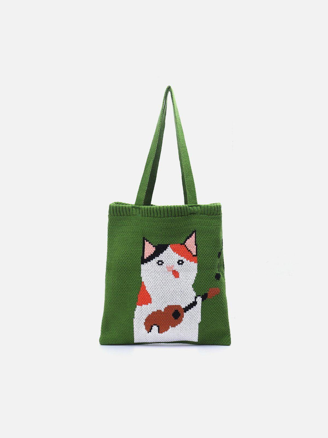 Green knitted bag featuring a playful "Guitar Cat" graphic by TALISHKO, front view.