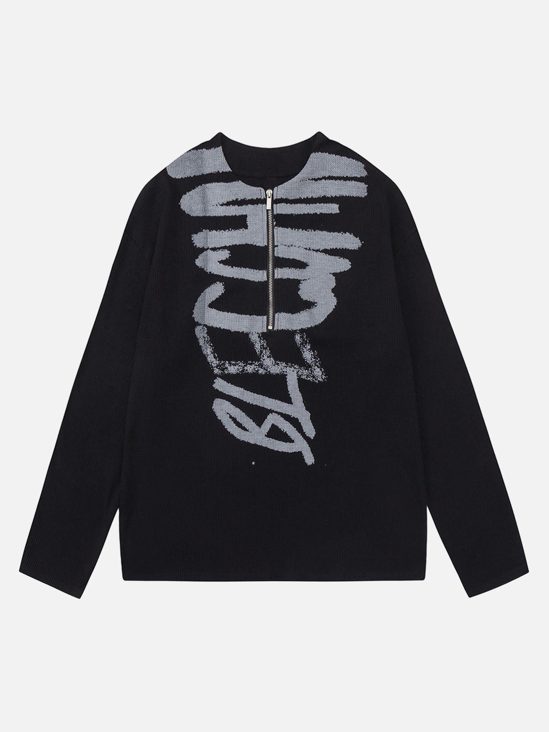 Front view of a black knitted sweater with a half zip and bold print, by TALISHKO.