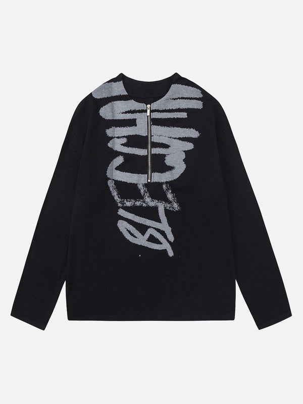 Front view of a black knitted sweater with a half zip and bold print, by TALISHKO.