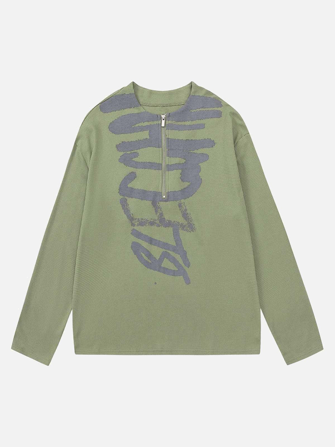 Front view of a green knitted sweater with bold print and half zip, crafted by TALISHKO.