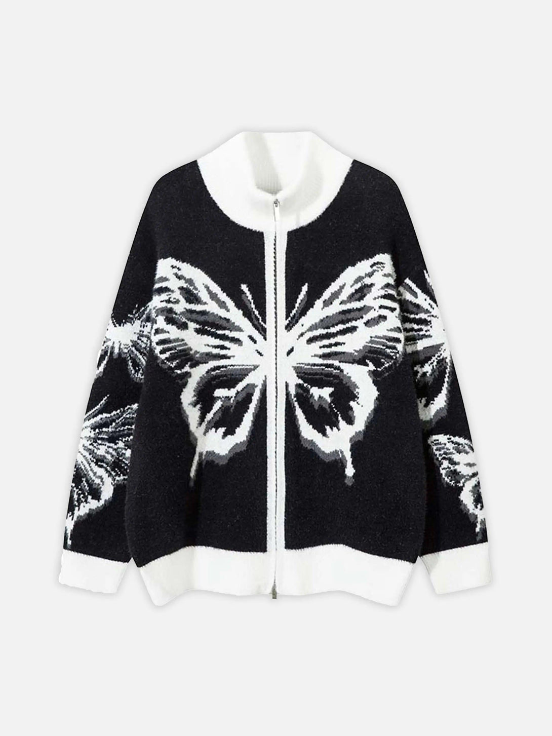 TALISHKO cardigan featuring a bold black and white butterfly design in a cozy front view.