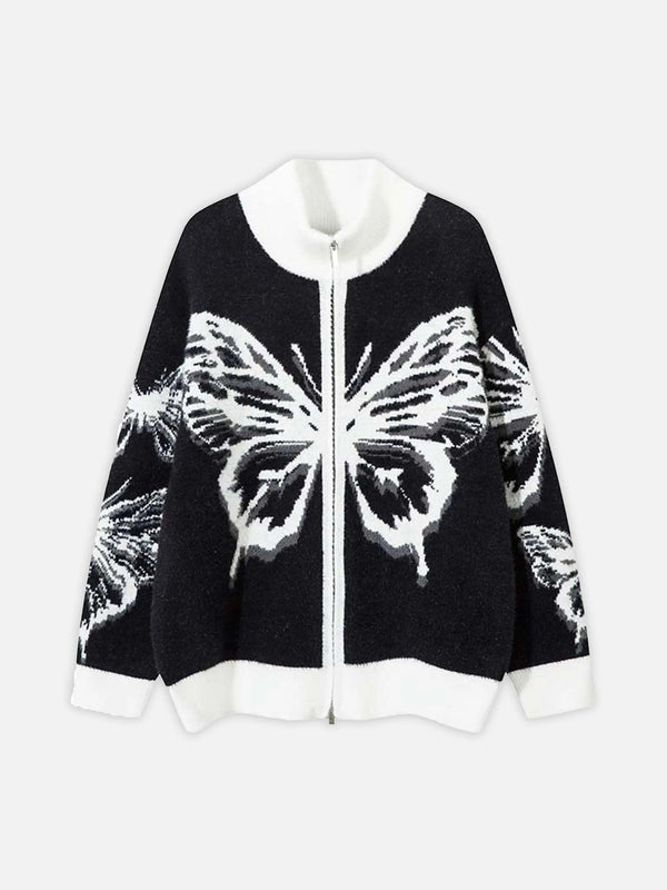 TALISHKO cardigan featuring a bold black and white butterfly design in a cozy front view.