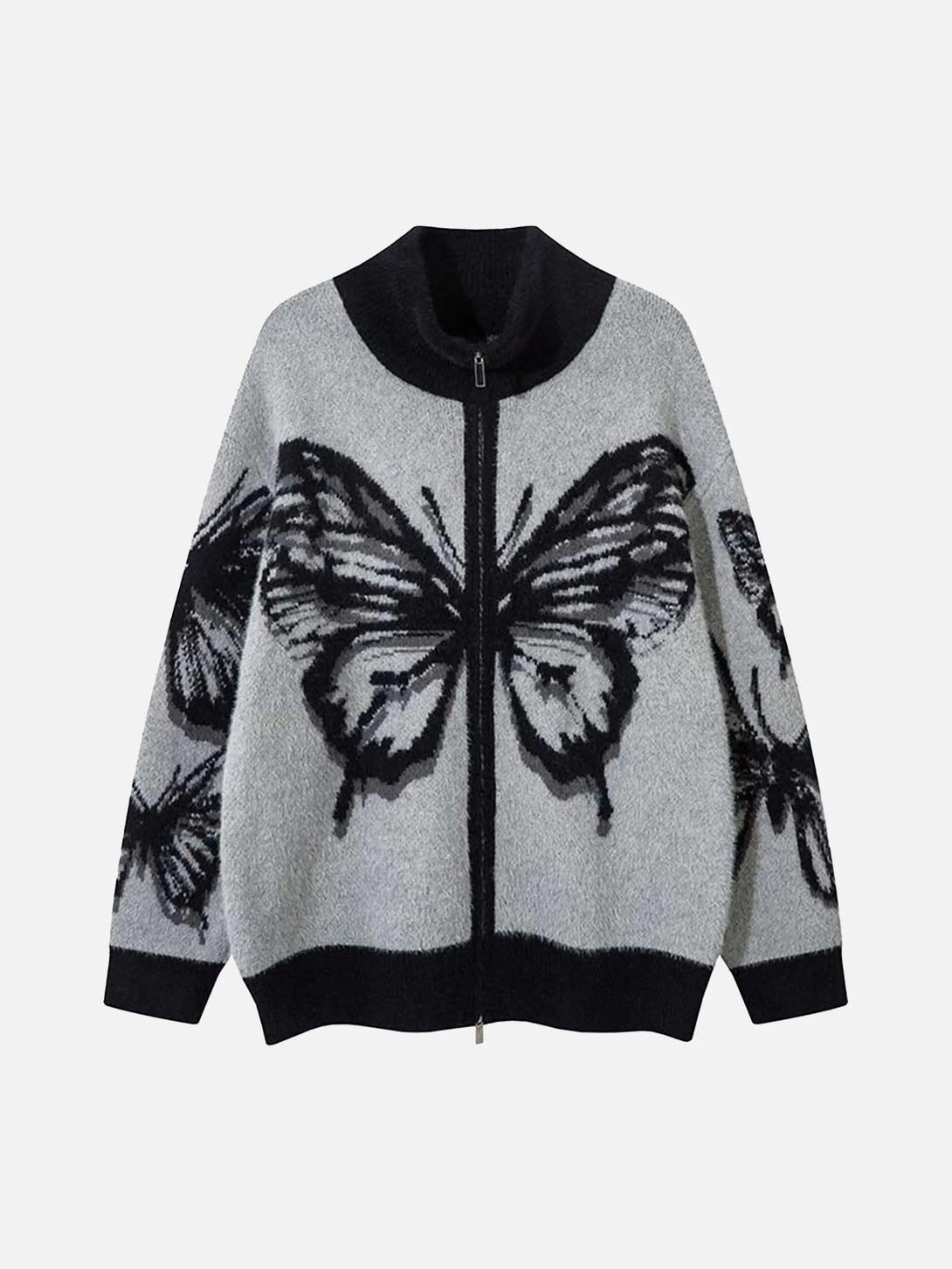 A stylish gray cardigan by TALISHKO with bold butterfly patterns, showcasing a cozy front view.