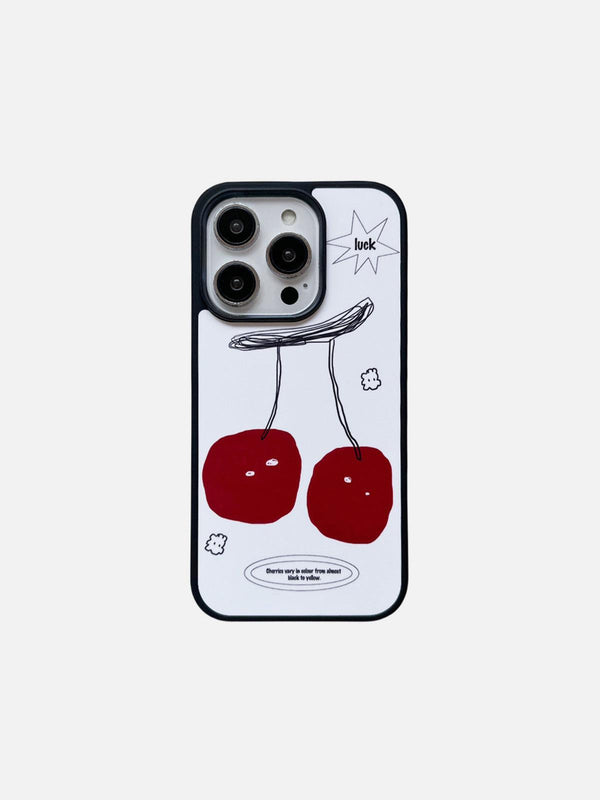 Front view of a hand-painted cherry phone case by TALISHKO, featuring a playful design.