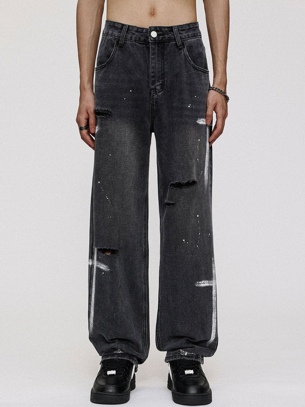 TALISHKO - Hand Painted Cross Hole Straight Jeans, streetwear fashion, talishko.com