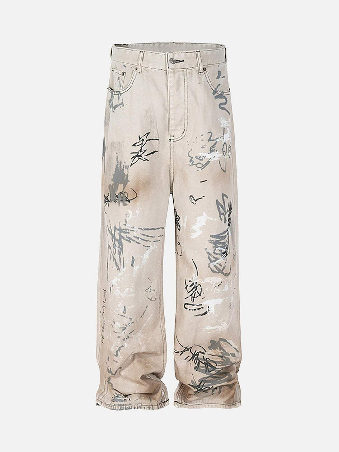 Front view of TALISHKO hand-painted graffiti baggy jeans in gray, showcasing artistic street style.