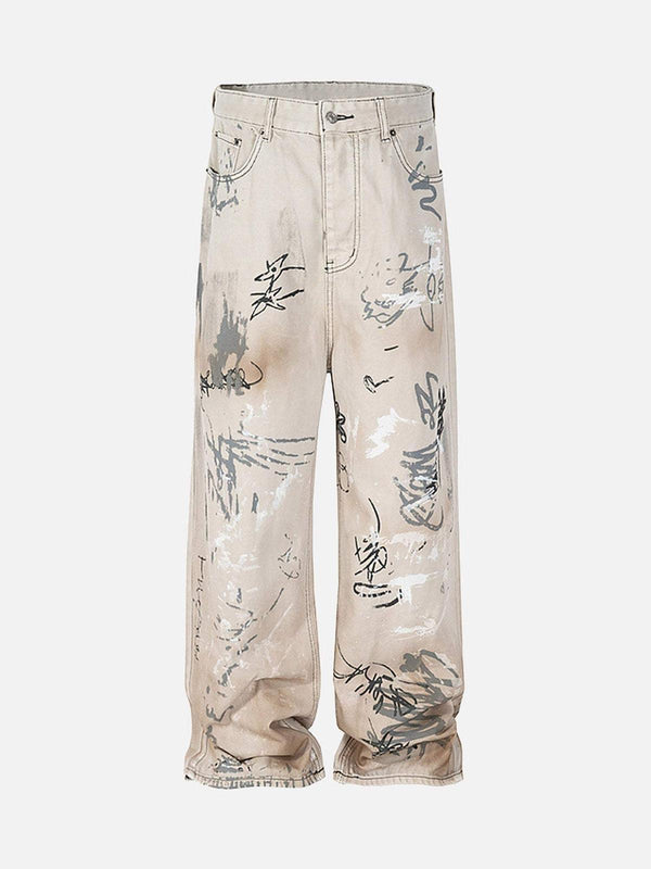 Front view of TALISHKO hand-painted graffiti baggy jeans in gray, showcasing artistic street style.