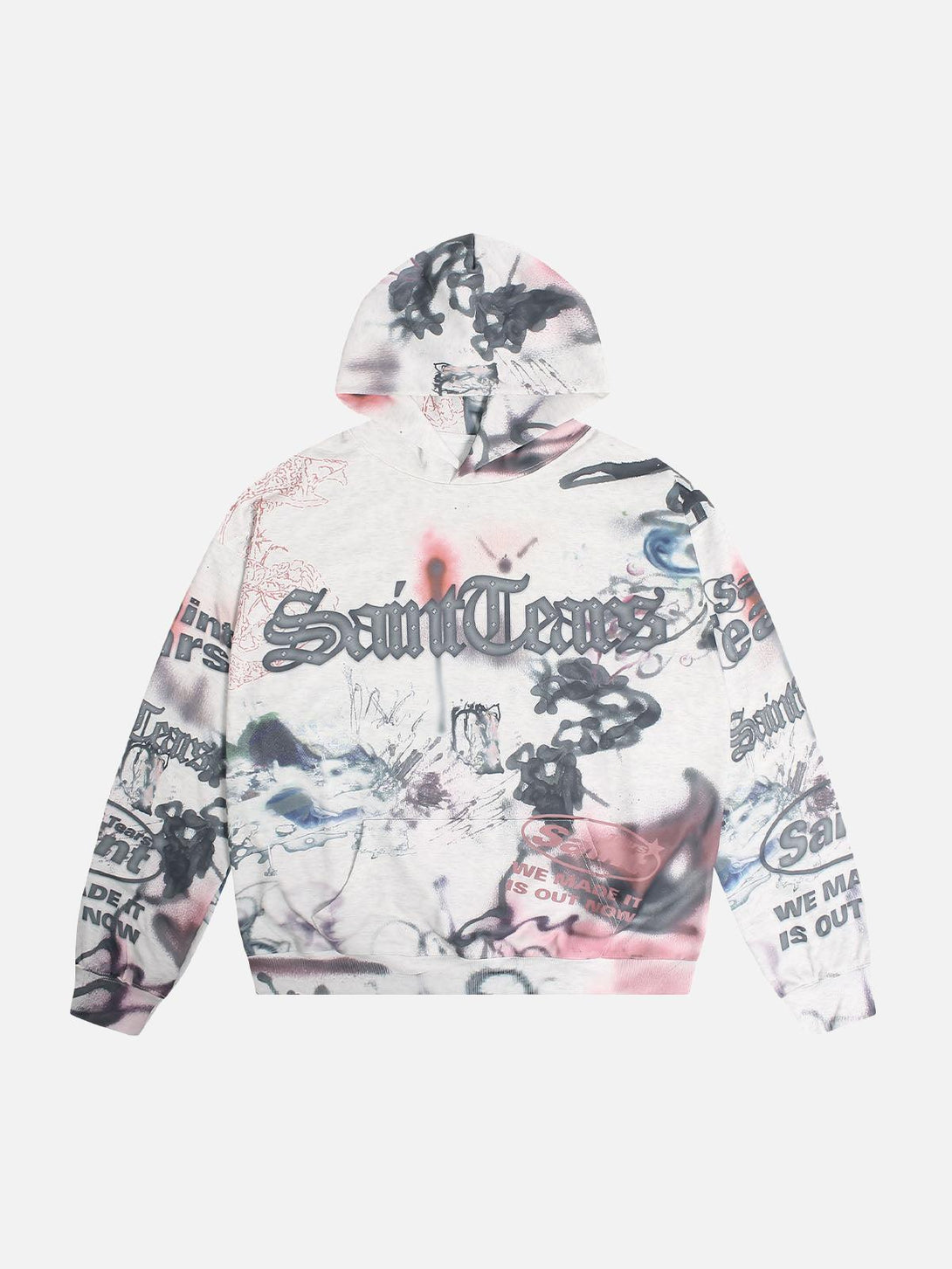 Front view of a white hand-painted ink graffiti hoodie by TALISHKO, featuring a street-inspired design.