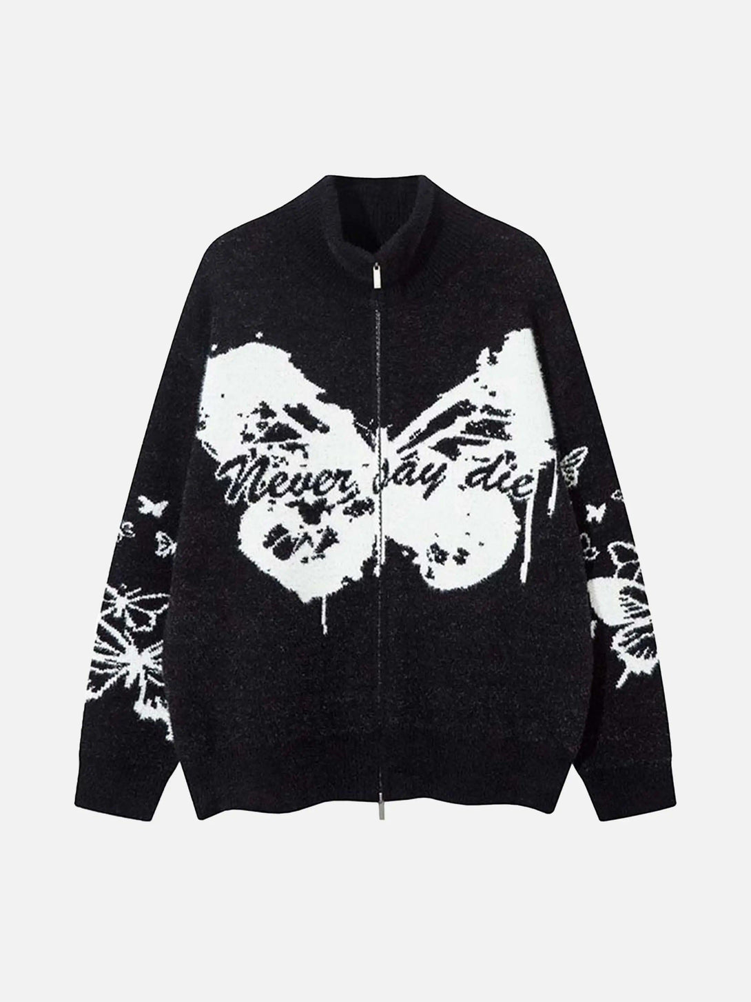Front view of a black TALISHKO cardigan featuring hand-painted butterfly and slogan design.