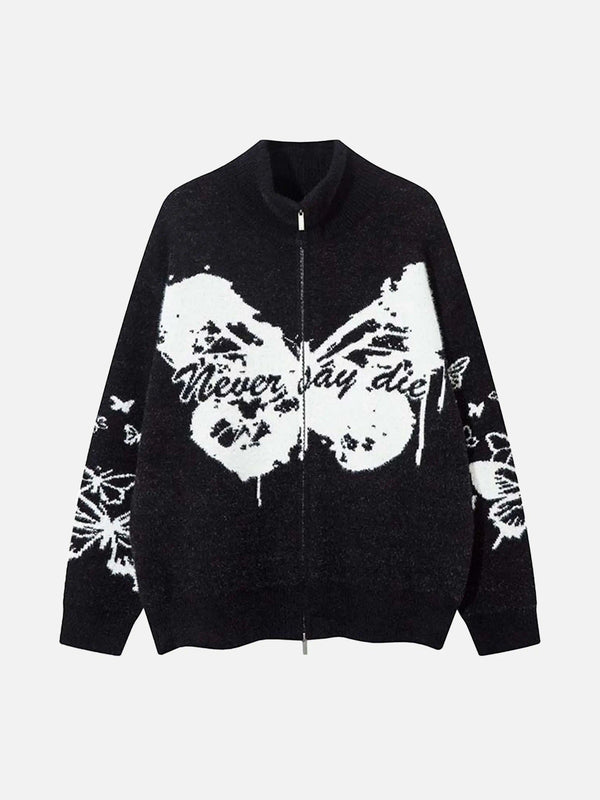 Front view of a black TALISHKO cardigan featuring hand-painted butterfly and slogan design.