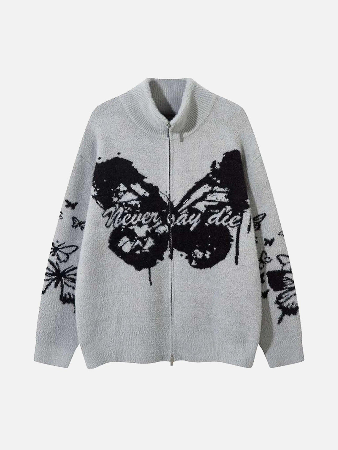 Gray TALISHKO cardigan showcasing a butterfly and slogan design in a bold front view.