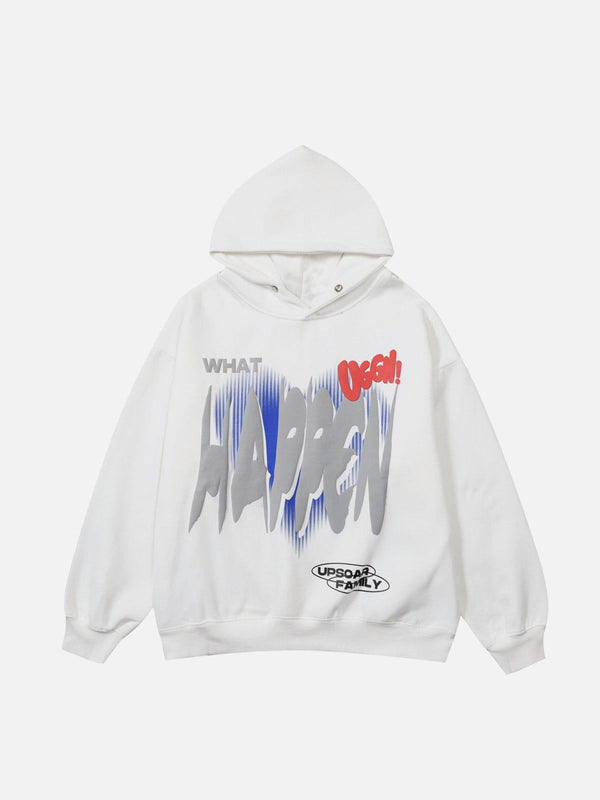 Front view of a white HAPPEN print hoodie by TALISHKO, featuring bold, graphic text design.