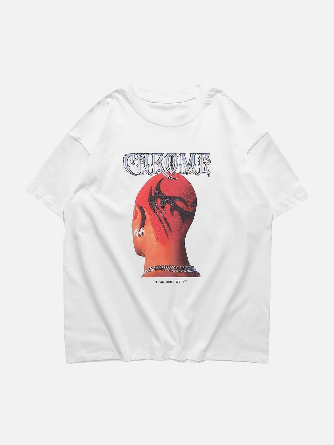 Front view of a white head print T-shirt by TALISHKO, capturing bold hip hop street style.