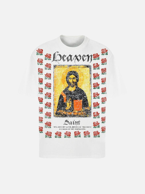 Front view of white TALISHKO T-shirt with floral graphics and a religious icon design.
