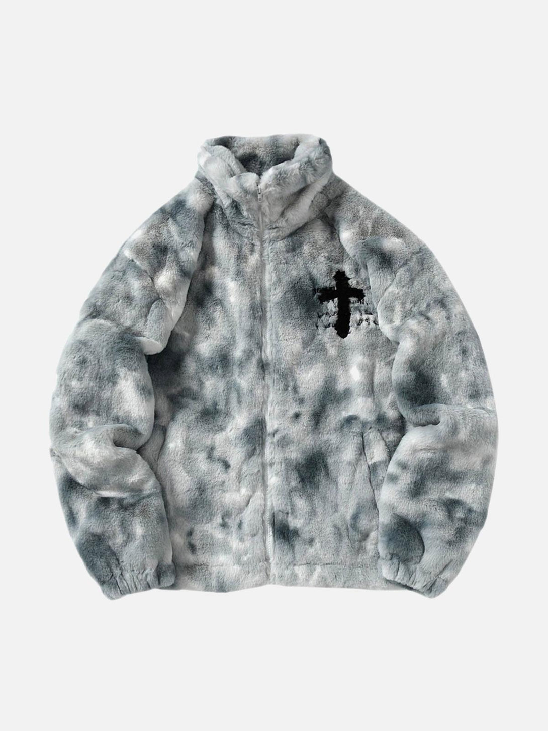 Front view of TALISHKO's blue tie-dye faux lambswool jacket, showcasing urban style.