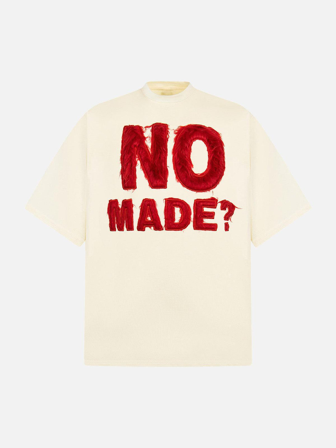 Front view of apricot T-shirt with bold red embroidery by TALISHKO, perfect for retro style.