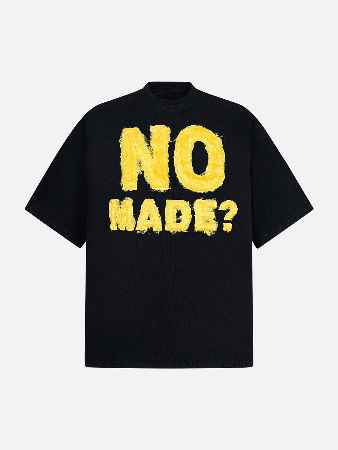 Front view of black T-shirt with bold yellow embroidery by TALISHKO, embracing a retro vibe.