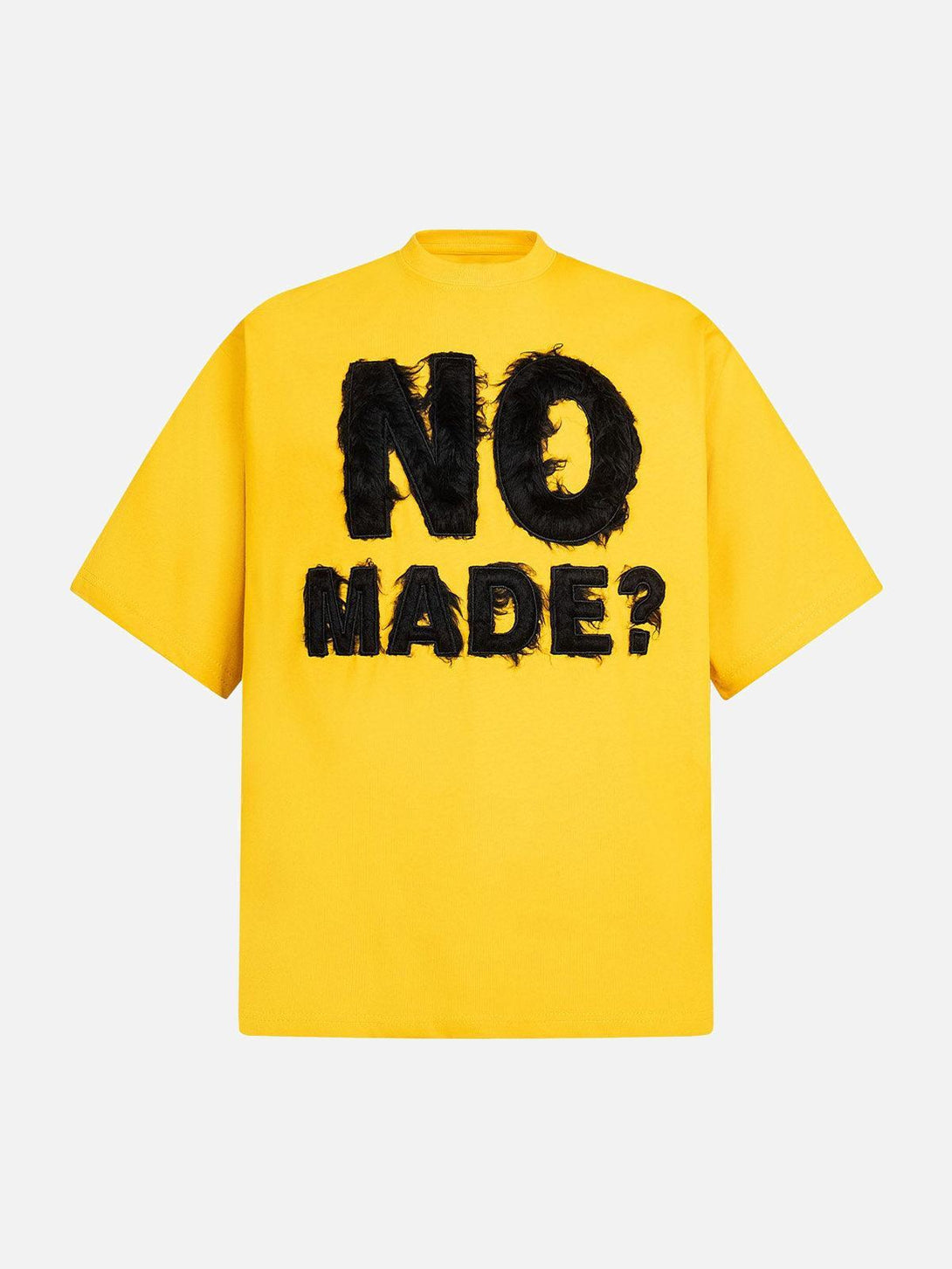 Front view of yellow T-shirt with bold black embroidery, designed by TALISHKO for a vintage feel.