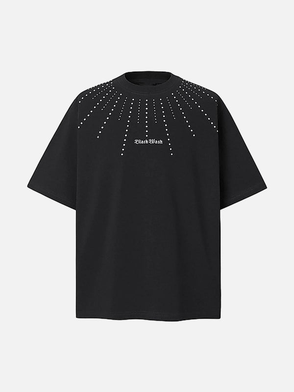 Front view of a black short-sleeve T-shirt with rhinestone details by TALISHKO.