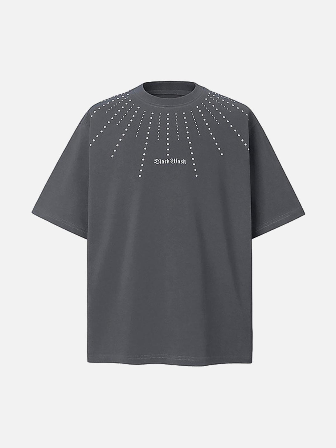 Front view of a dark gray rhinestone-adorned T-shirt by TALISHKO, perfect for casual days.