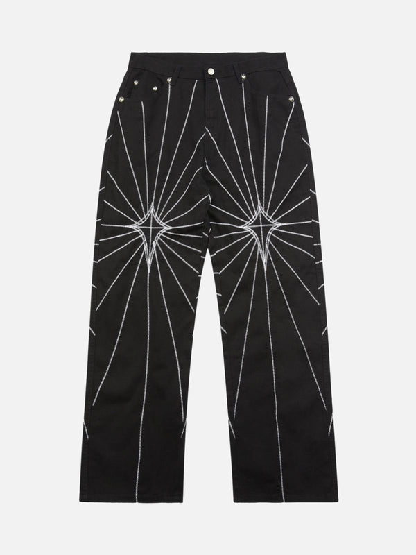 Front view of black jeans with spider web embroidery by TALISHKO, perfect for urban style.