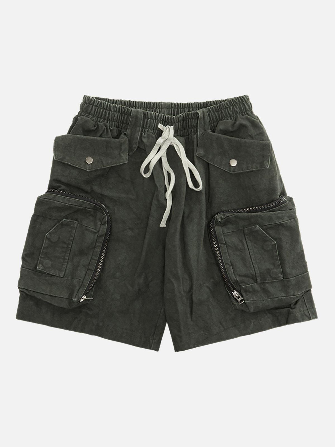 Gray multi-pocket shorts with tie-dye pattern by TALISHKO, showcasing front details.