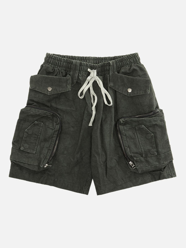 Gray multi-pocket shorts with tie-dye pattern by TALISHKO, showcasing front details.