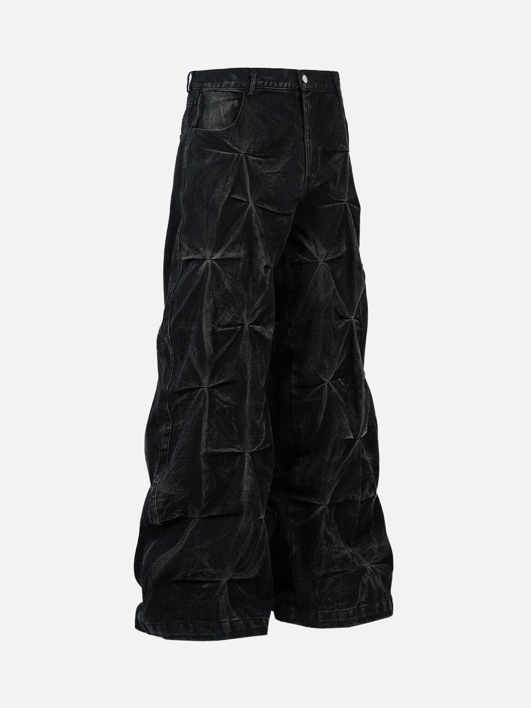 TALISHKO black baggy jeans with a pleated, distressed texture in a front view.