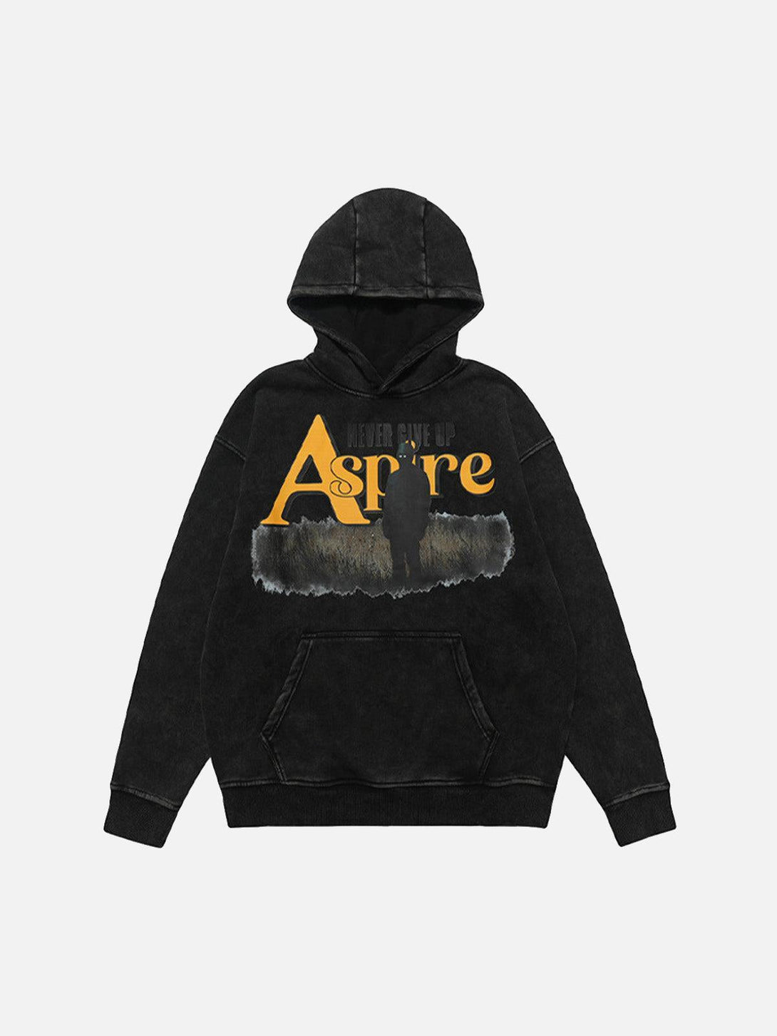 Front view of a black fleece hoodie by TALISHKO featuring a bold "Aspire" print design.
