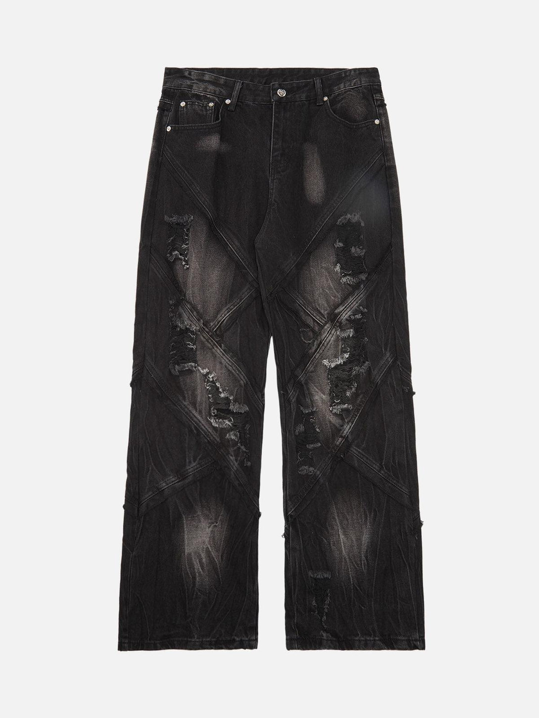 Front view of black hip-hop jeans with ripped details and plaid stitching by TALISHKO.