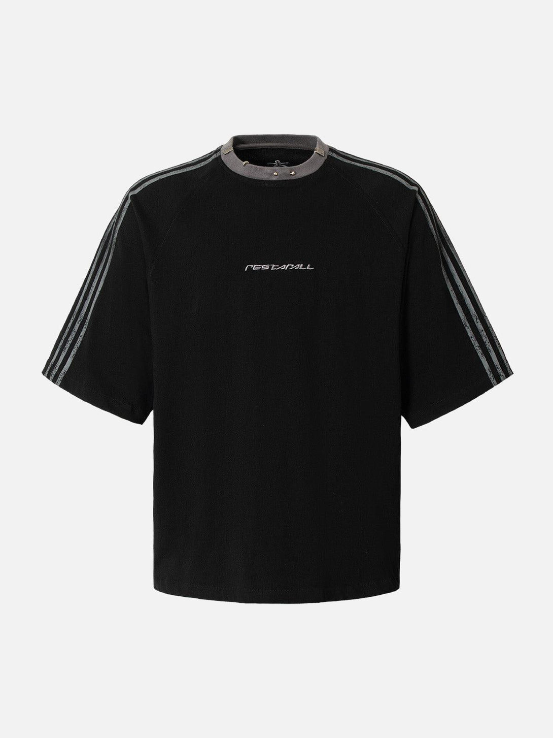 A front view of a black TALISHKO T-shirt featuring a metal collar and sporty stripe details.