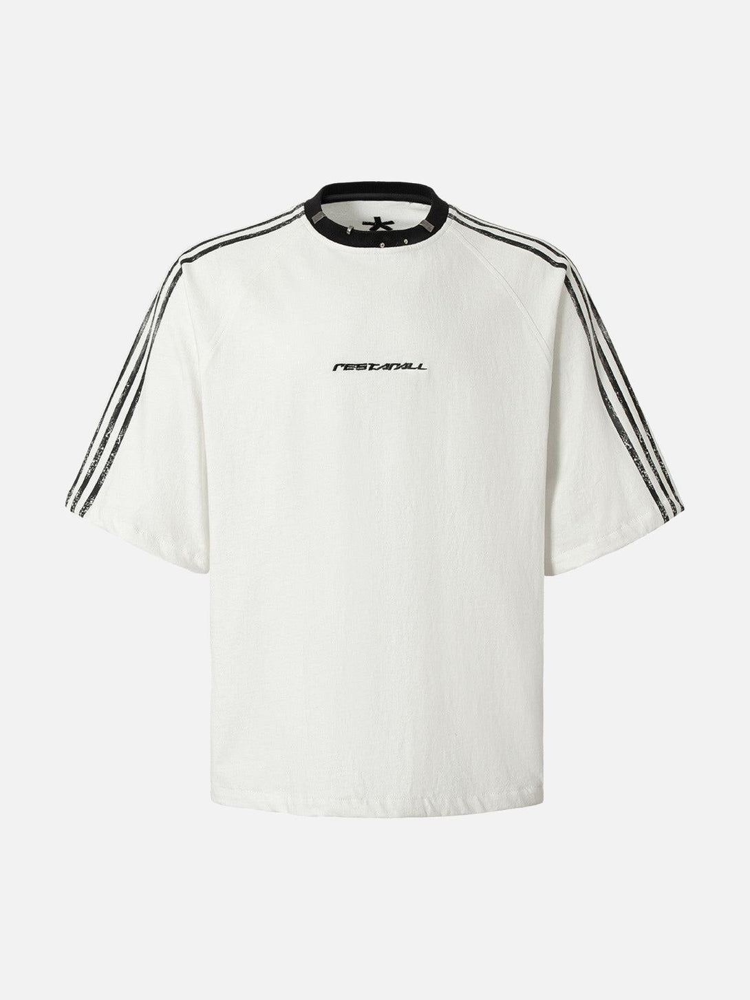 Front view of a white TALISHKO T-shirt with sporty stripes and a unique metal collar.