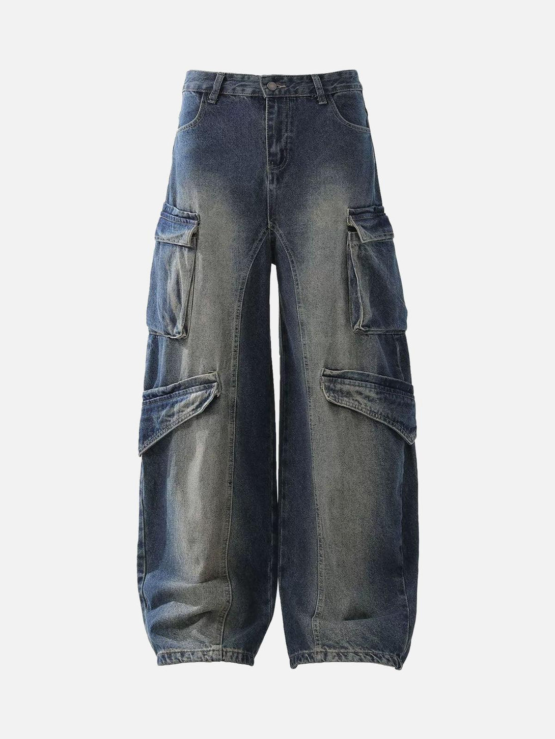 Front view of blue baggy barrel jeans by TALISHKO, featuring a heavy washed workwear style.