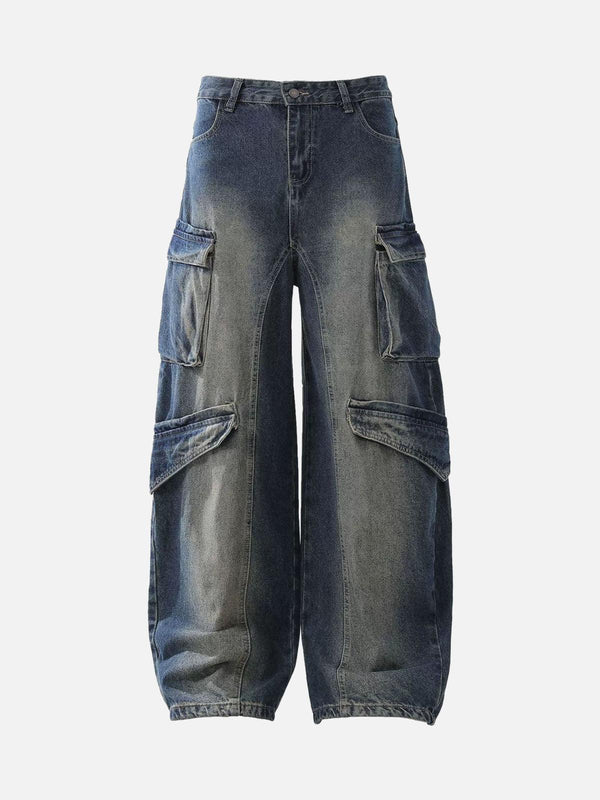 Front view of blue baggy barrel jeans by TALISHKO, featuring a heavy washed workwear style.