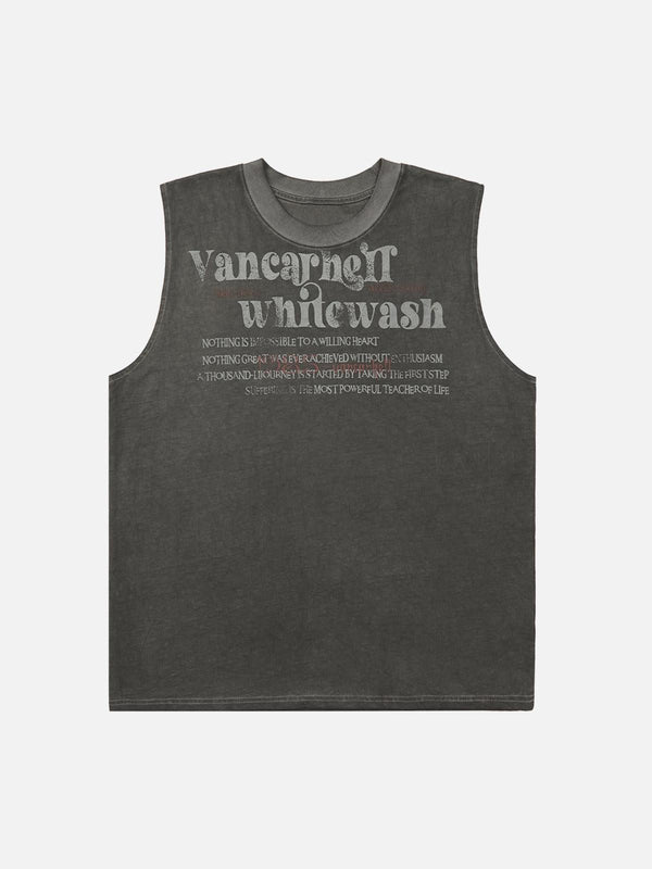 Front view of gray vest with retro font by TALISHKO, perfect for casual summer style.