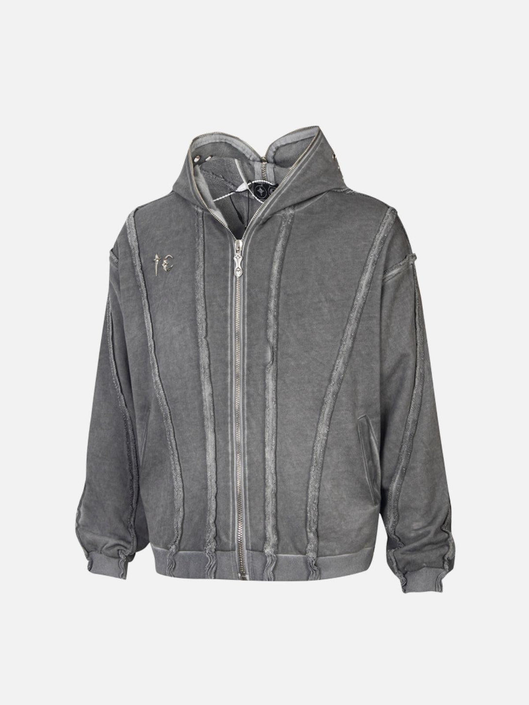 Front view of a gray heavyweight batik washed distressed hoodie by TALISHKO.